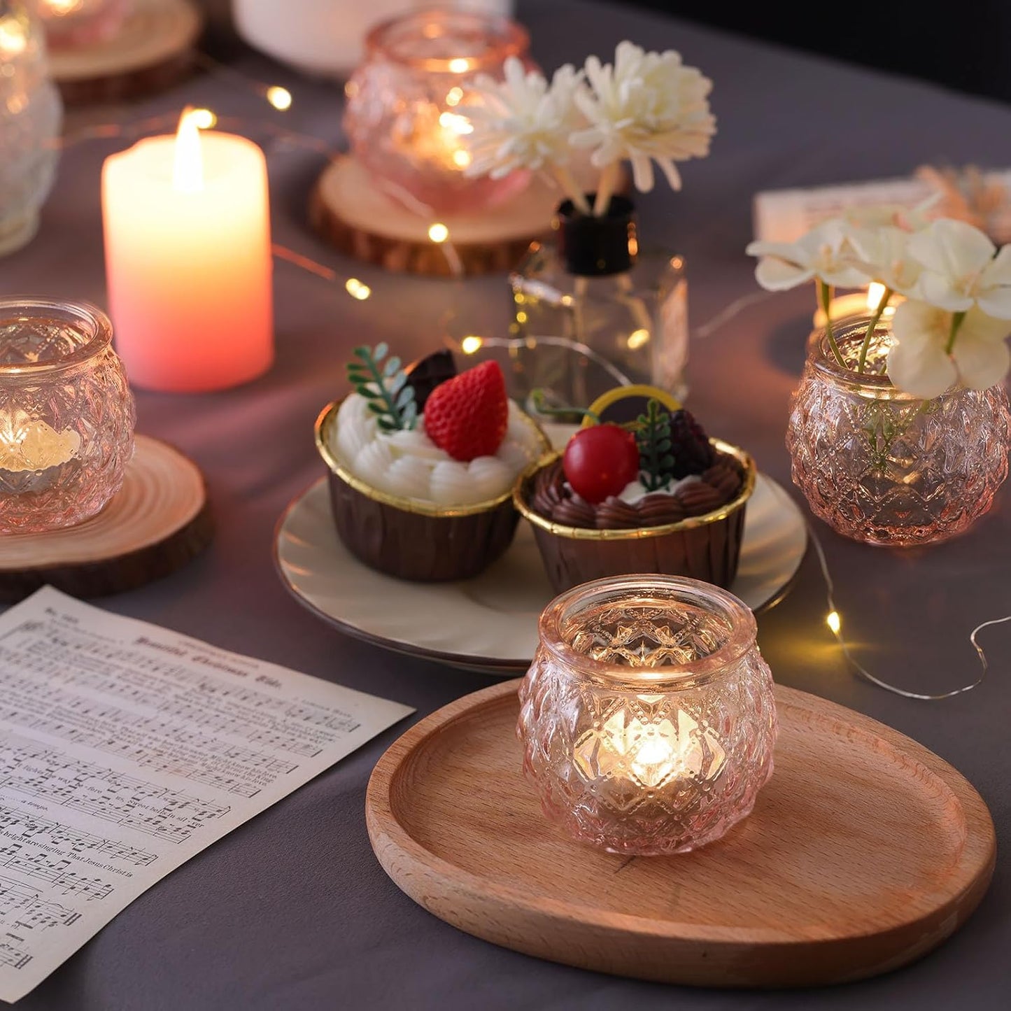 DARJEN 12Pcs Pink Votive Candle Holders - Round Glass Candle Holders for Flameless LED Tea Waxes, Romantic Candle Holder for Wedding & Home Table Decor, Various Parties