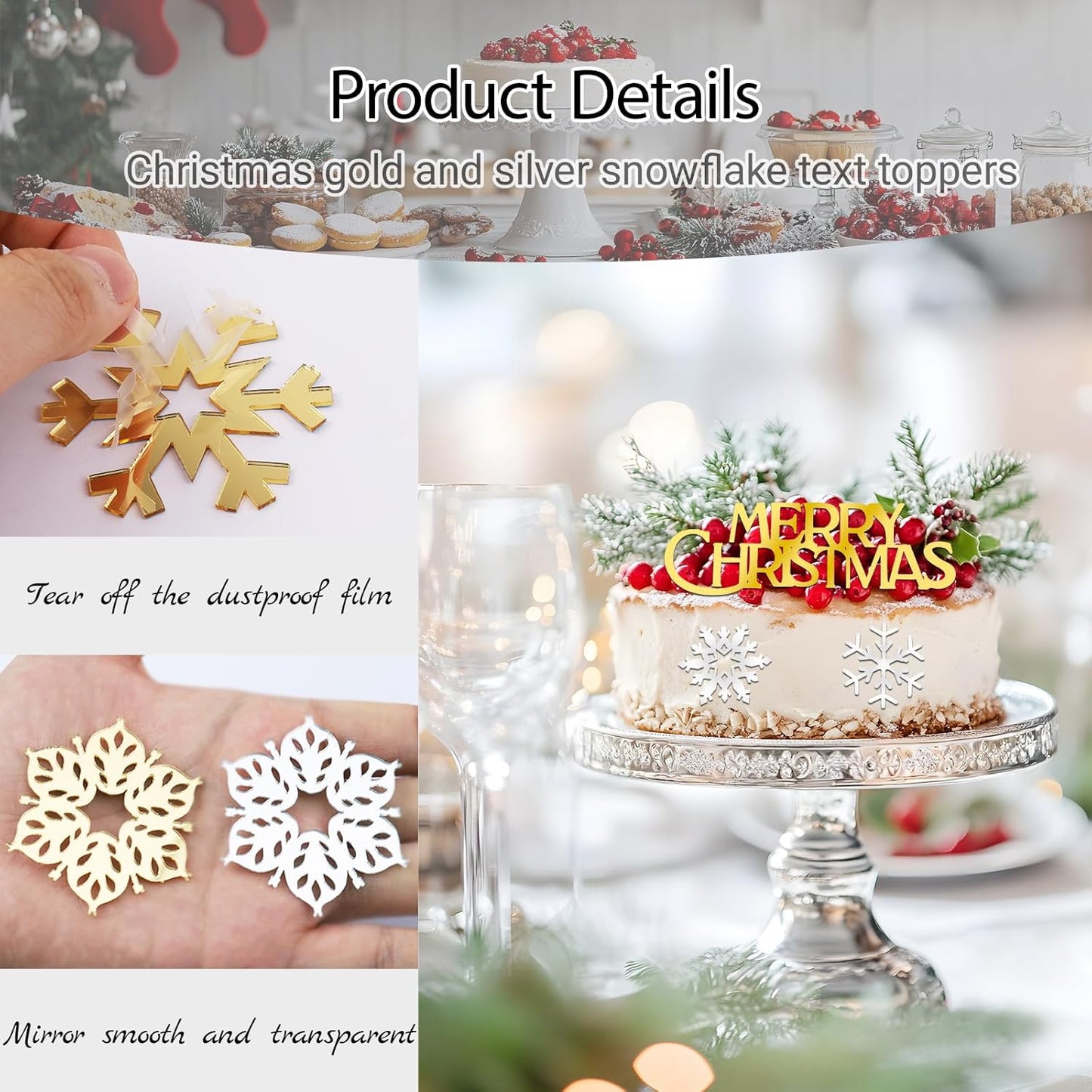 26 Pcs Merry Christmas Acrylic Cupcake Toppers Acrylic Mirror Snow Xmas Cupcake Picks New Year Party Cake Decorations