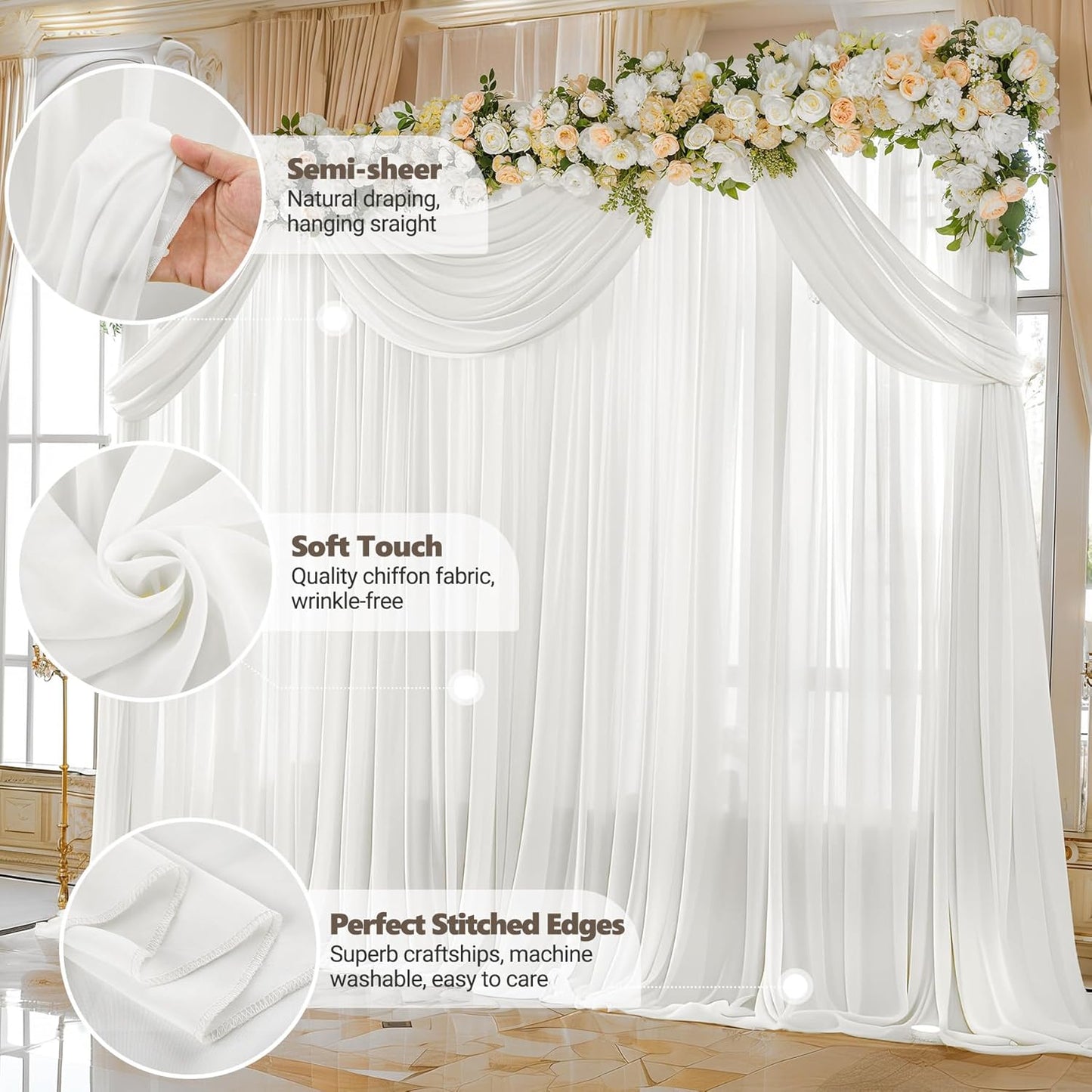 10ft x 10ft Cream White Backdrop Curtains, Wrinkle-Free Sheer Chiffon Fabric Photo Backdrop Drapes for Wedding Arch Party Ceremony Stage Photography Decorations
