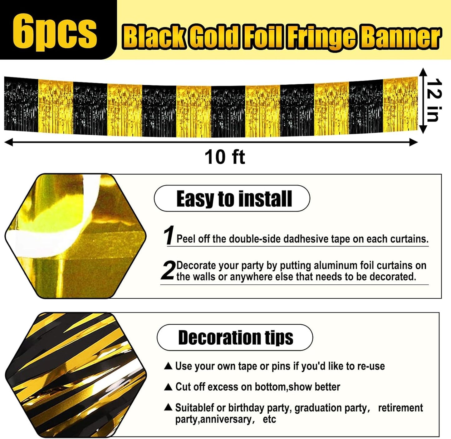 6 Pack 10 Feet Black Gold Foil Fringe Garland Metallic Tinsel Streamers Banner Wall Hanging Curtain Backdrop for Parade Floats, Birthday, Graduate, Mother's Day, Wedding Party Decoration