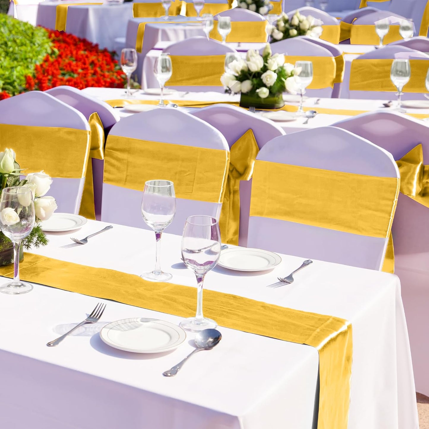 Aneco 16 Pack Satin Table Runner 12 x 108 Inch Gold Long Wedding Satin Silk Table Runner for Wedding Banquet Graduations Birthday Party Decoration