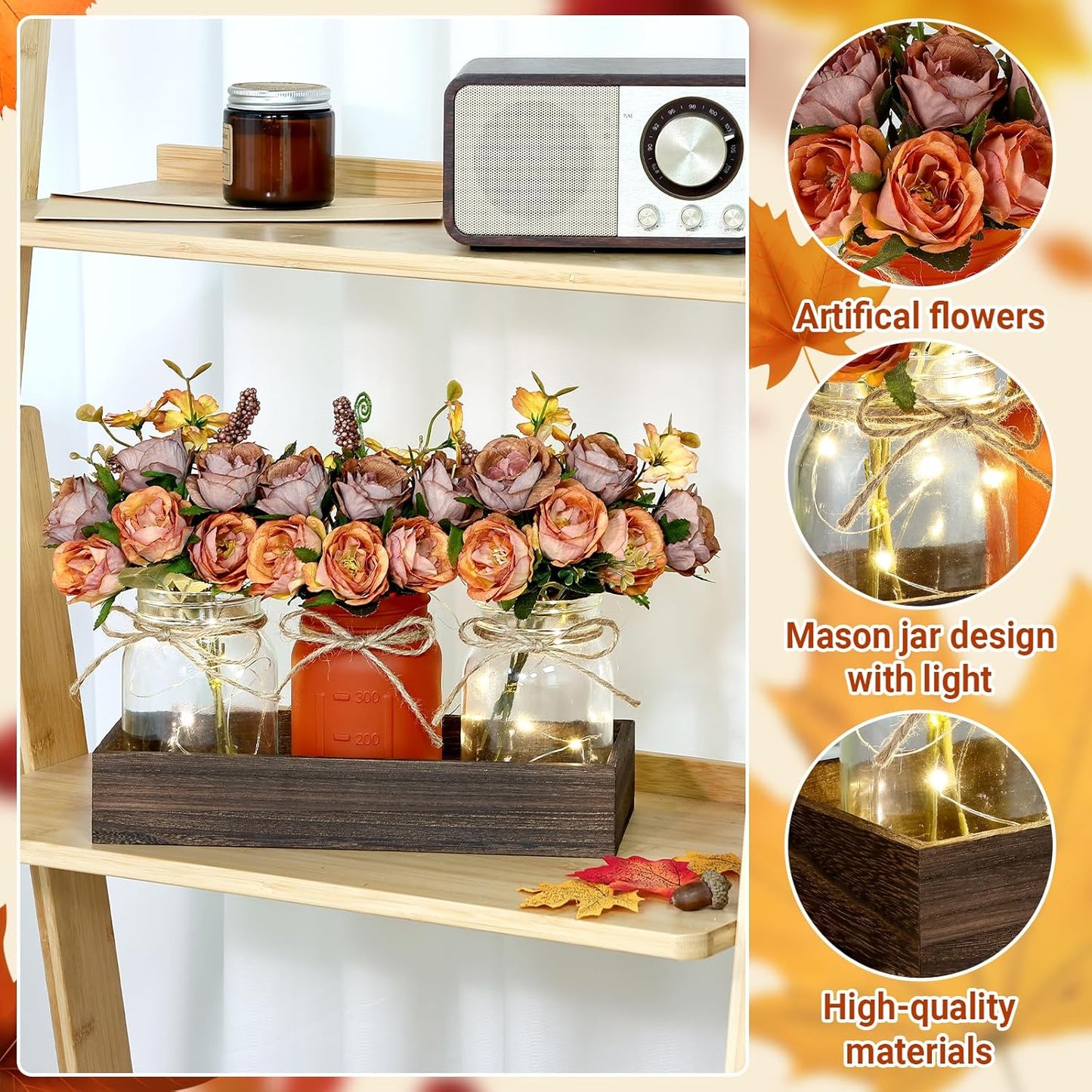 VAIPI Fall Decor Mason Jar Centerpiece Table Decorations with 3 Jar Flowers String Lights and Wooden Tray Fall Decorations for Home Dining Room Farmhouse Autumn Wedding Kitchen Living Room Bathroom