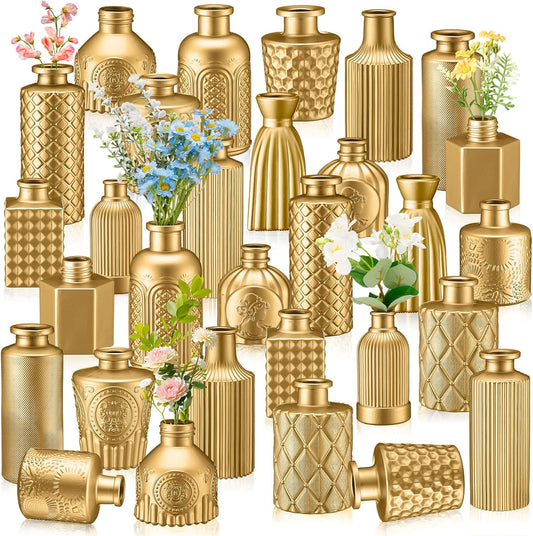 Yaomiao 30 Pcs Vases Bulk Colored Flower Glass Vases Bud Vintage Colored Glass Bottles Colorful Rustic Embossed for Home Wedding Table Decorations Gifts(Gold Series)