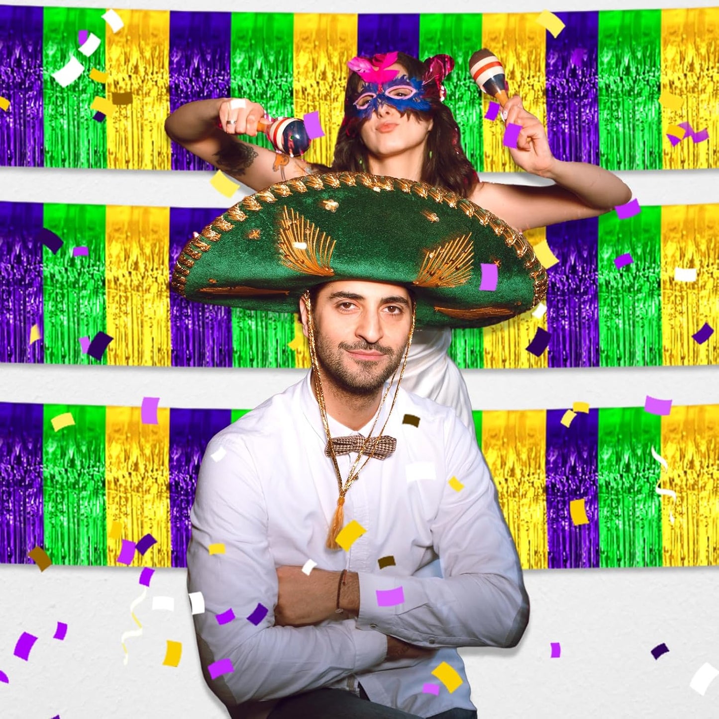 6 Pack 10 Feet Gold Green Purple Foil Fringe Garland Metallic Tinsel Streamers Banner Wall Hanging Curtain Backdrop for Parade Floats, Birthday, Graduate, Mother's Day, Wedding Party Decoration