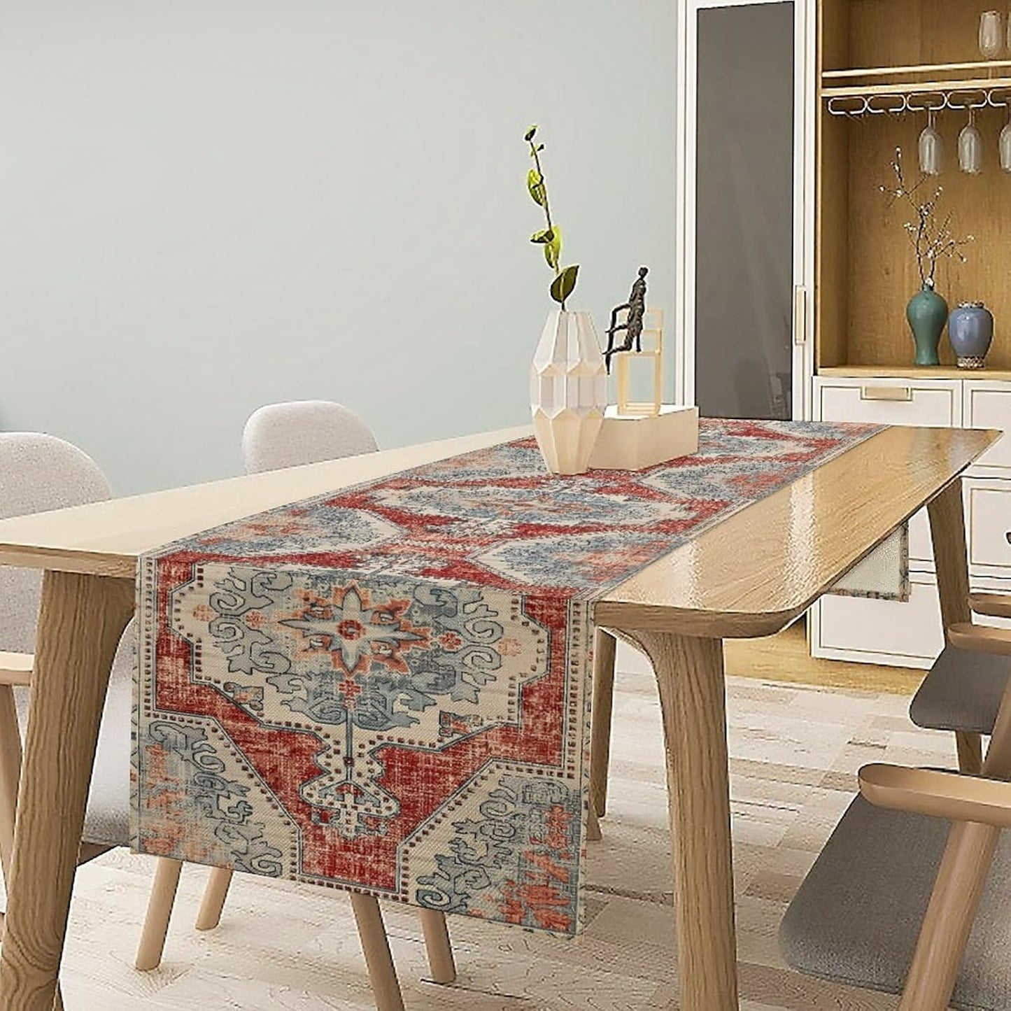 Boho Floral Vintage Table Runner, Retro Blue Red Flower Rustic Country Farmhouse Abstract Pattern for Home Kitchen Table Decor Dining Coffee Room Party Decor 13x108in