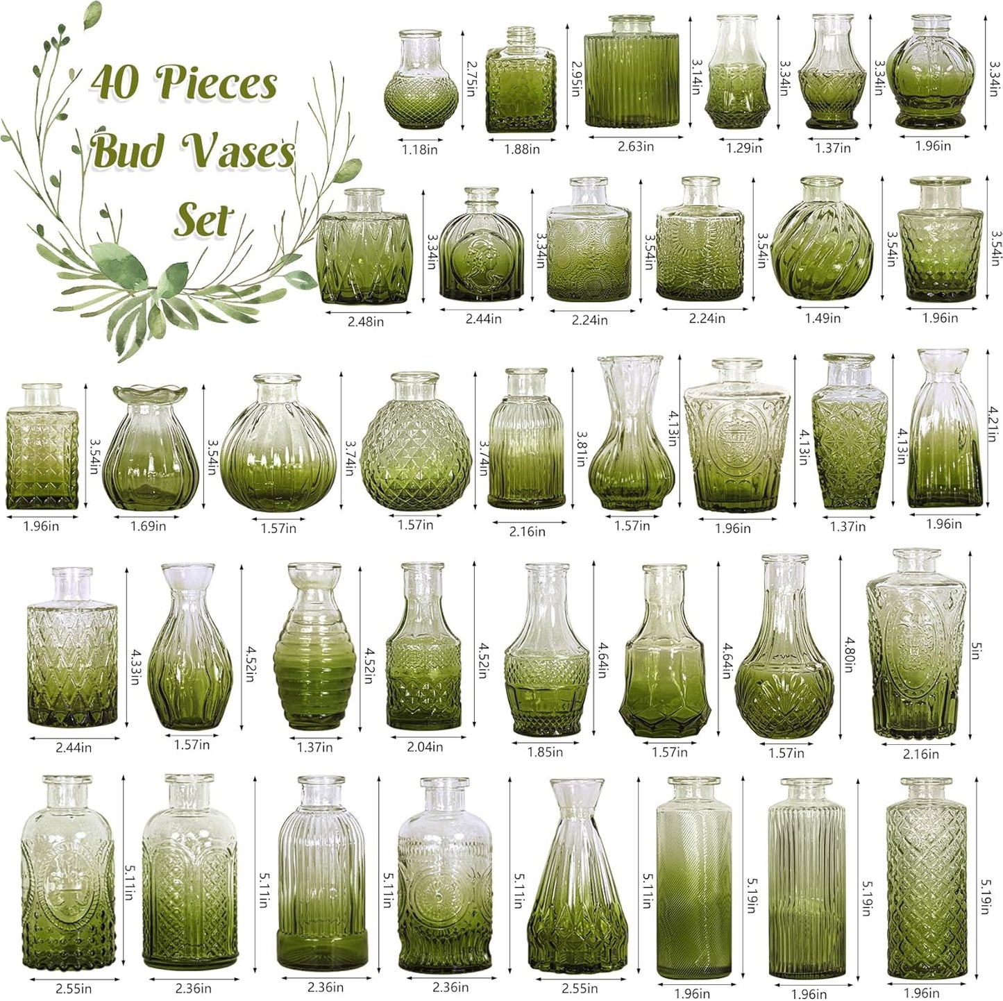 Set of 40 Glass Bud Vases, Small Green Glass Vases in Bulk, Mini Vintage Embossed Flower Vase for Wedding, Centerpieces, Birthday Party, Baby Shower, Home Table Decorations (Green)