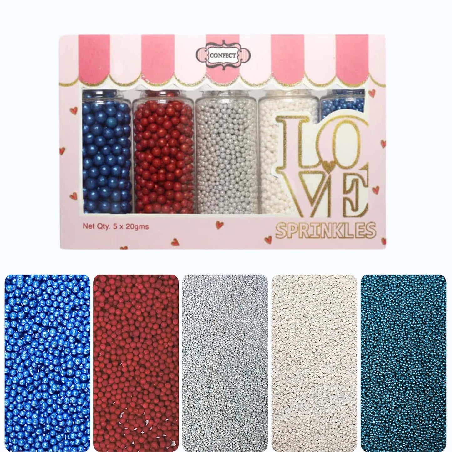 Confect Patriotic Sprinkles Mix – Red, White, Blue, Silver & Navy Pearl Dragees | 5-Pack Cake & Cupcake Decorations | 4th of July | Baking Toppers | Vegan, Gluten-Free, Nut-Free, Soy-Free, Dairy-Free, Palm Oil-Free, No Artificial Dyes - 5 Oz