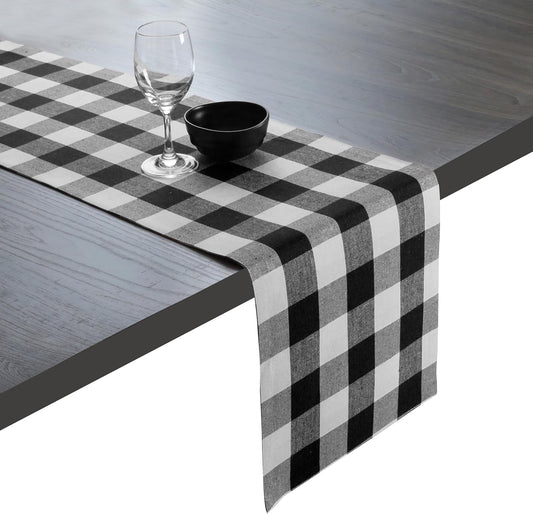 Native Fab Table Runner Buffalo Check Plaid 100% Cotton - 13x72 Inches Kitchen Dining Table Decoration for Indoor Outdoor Farmhouse Home Party Decor - Black and White