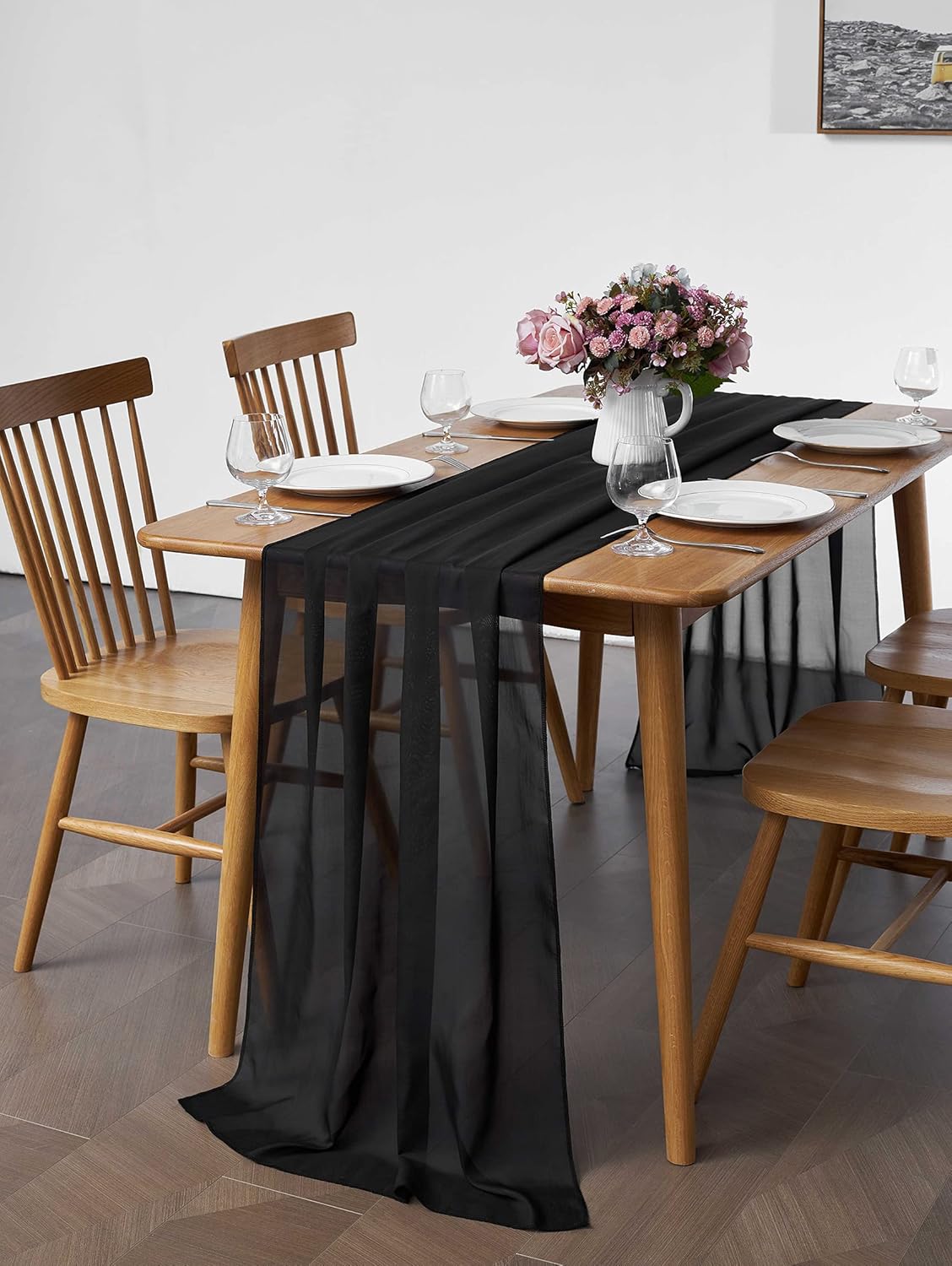 5 Pack 10Ft Black Chiffon Table Runner Sheer 29x120 Inch for Romantic Wedding Decor Bridal & Baby Shower Birthday Rustic Party Decoration