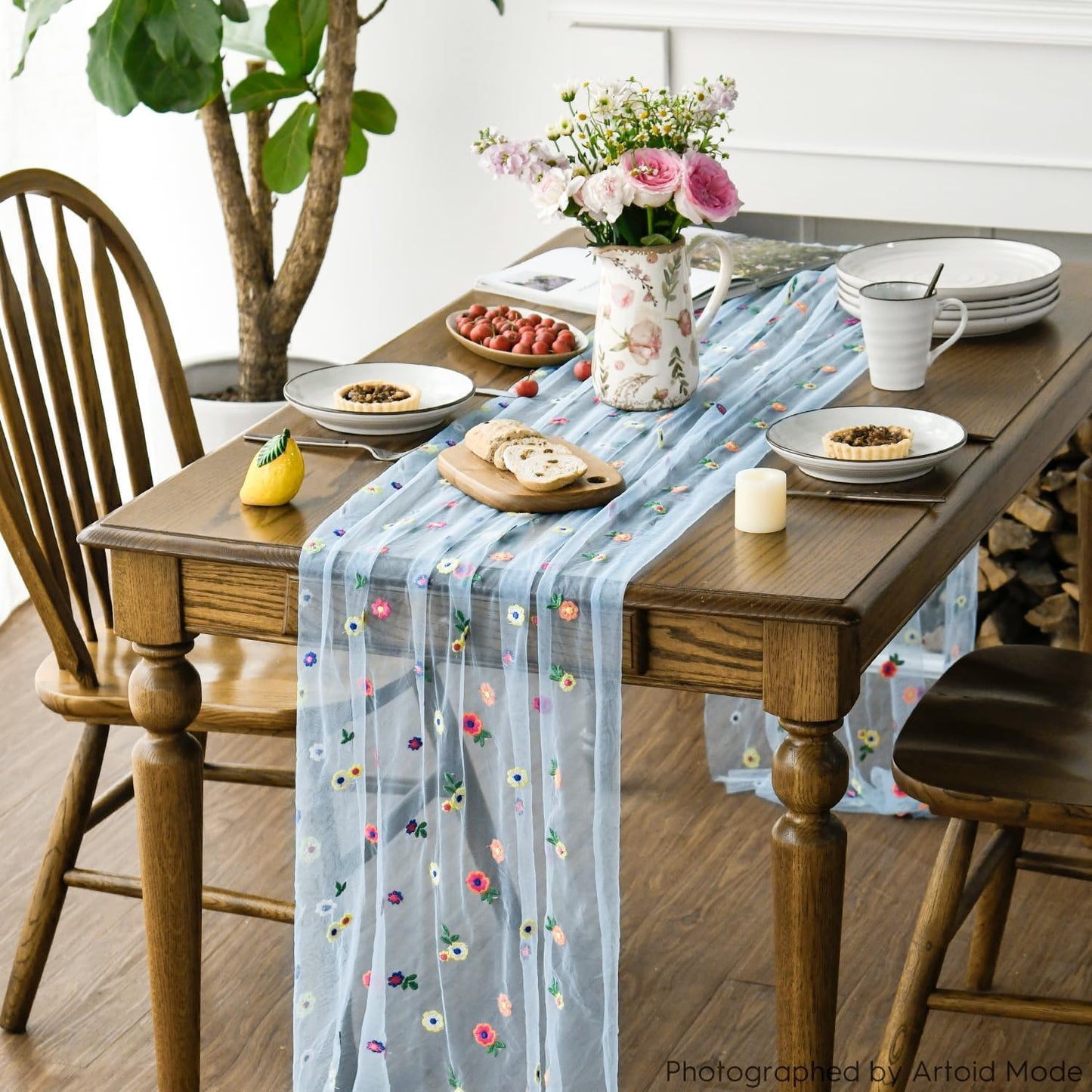 Artoid Mode Blue Embroidery Daisy Gauze Table Runner 120 Inch 10FT, Seasonal Sheer Kitchen Dining Holiday Wedding Birthday Table Decor for Home Party