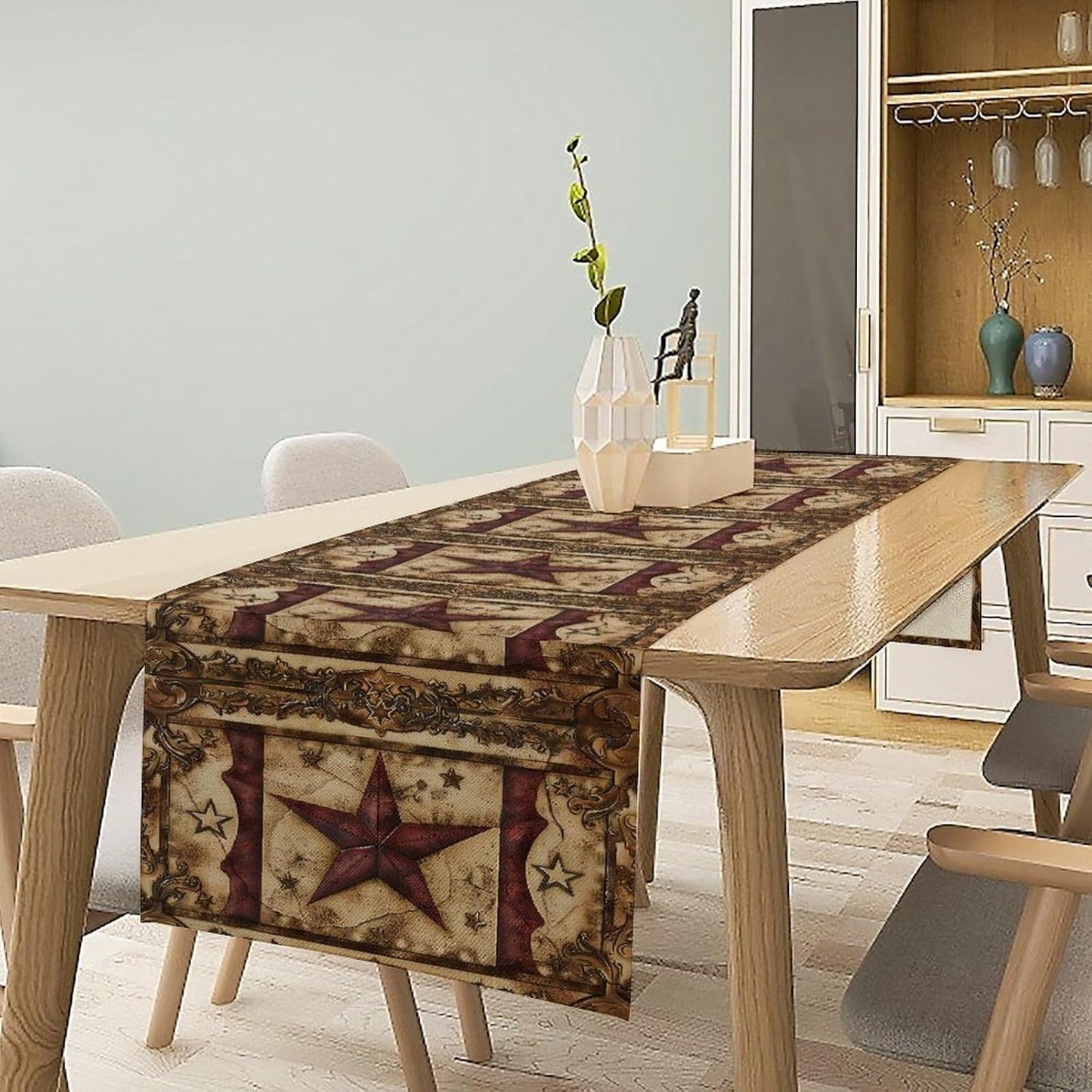 Wild West Table Runner, Rustic Farmhouse Texas Star Vintage Rodeo Cowboy Old Sign Wild West Print Pattern for Home Kitchen Table Decor Dining Coffee Room Garden Party Decor 13x90in