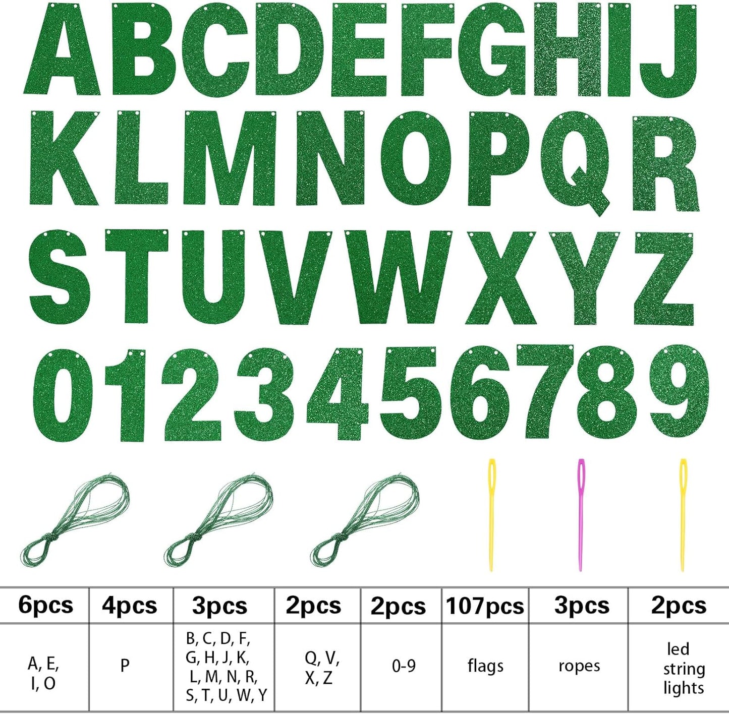 TaoBary 112 Pcs DIY Letter Custom Banner Glitter Customizable Banner Kit Including 107 Letters and Numbers 3 Rope for Valentine Birthday Party(Green)
