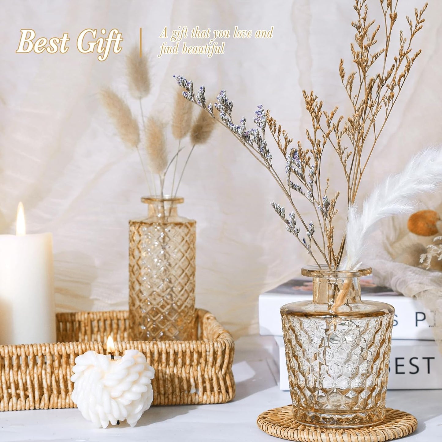 Amber Glass Bud Vases Set of 5, Gold Flower Vase for Centerpieces, Small Clear Vases in Bulk for Wedding Decorations, Vintage Vase for Table, Recepetion, Home Décor