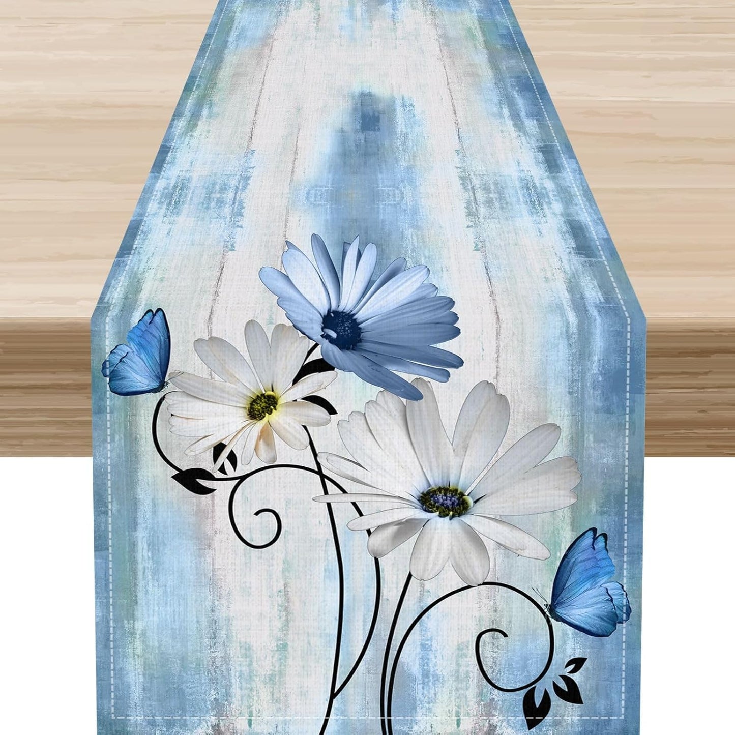 Farmhouse Floral Table Runner, Spring Seasonal Daisy Flower Retro Wooden Country Table Center Decor for Home Kitchen Dining Patio Holiday Party Indoor Outdoor Table Decorations, 13"x108" Inch
