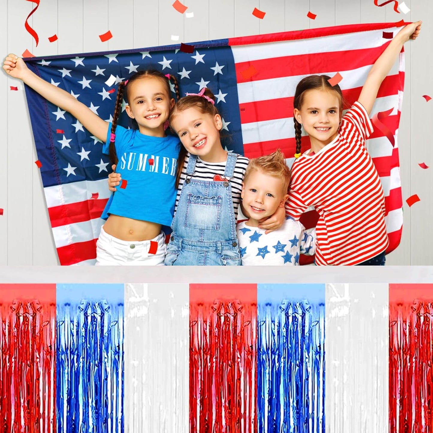 3 Pack 29 x108 Inch White Blue Red Foil Fringe Table Skirts Metallic Banner for Tinsel Streamer Garland Backdrop for Parade Floats Wedding Thanksgiving Birthday Christmas New Year Party Decoration