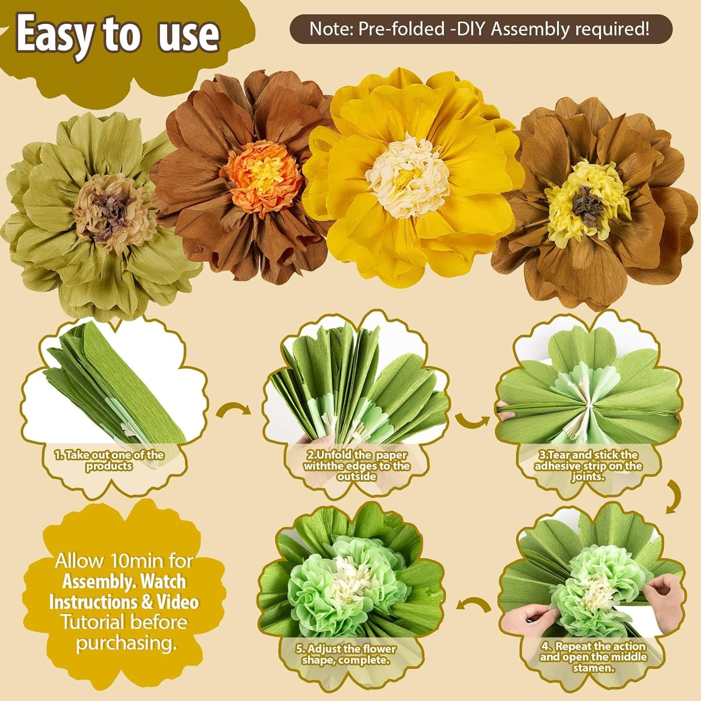 4 PCS 20" Brown Yellow Giant Paper Flowers Boho Baby Shower Party Decorations Thanksgiving Fall Autumn Large Tissue Pom Poms Neutral Floral Rustic Crepe Paper Flowers for Wall Birthday Wedding Garden