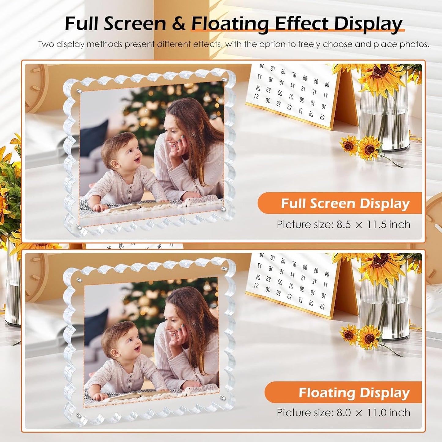 3Pack Scalloped Acrylic Photo Frame 8×10 Inch, 15+15mm Thick Block Clear Glass Photo Frame with Thick Block | Acrylic Picture Frames Modern Gift Set (3Pack, 8X10)