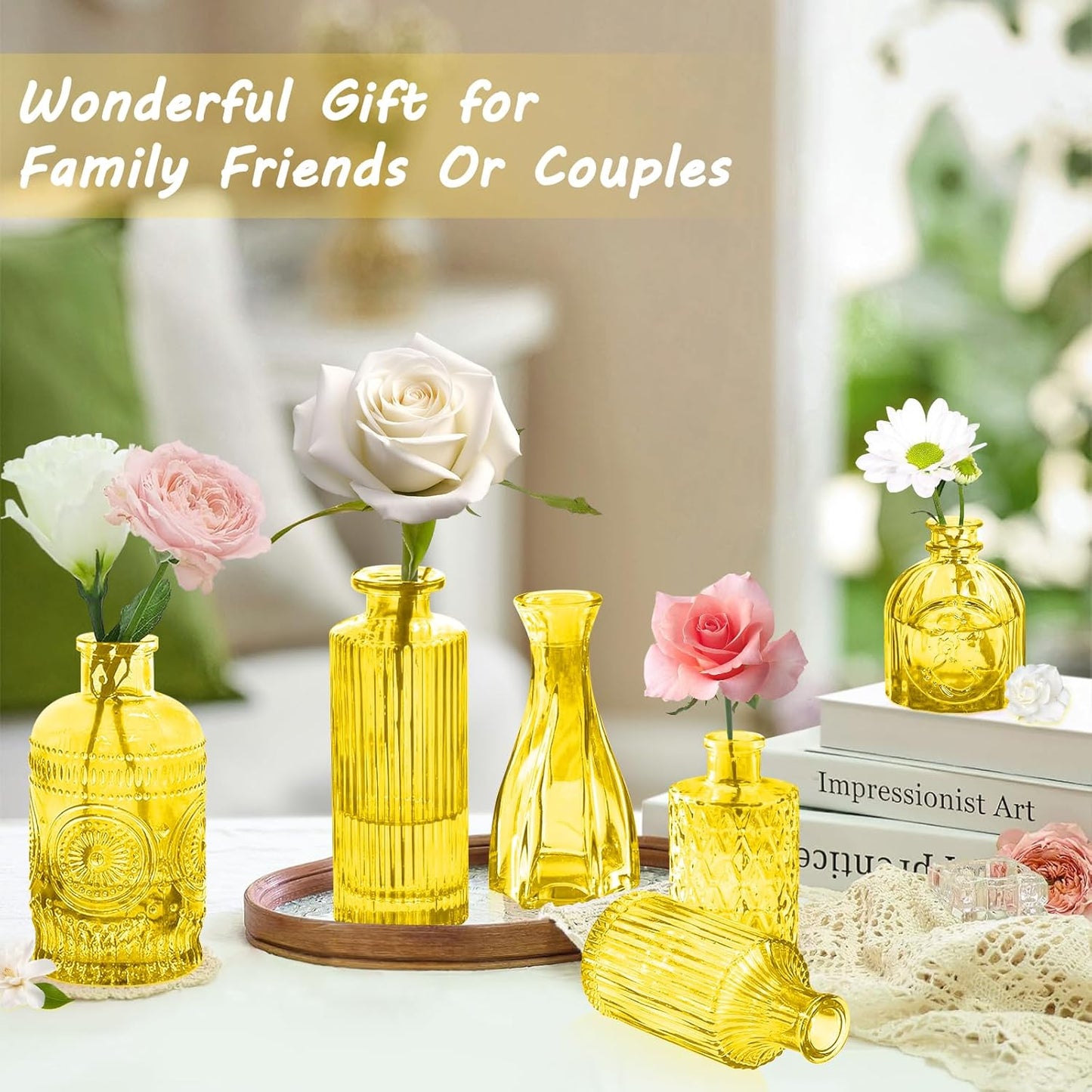 Light Yellow Glass Bud Vases Set, 24 Pcs Vintage Small Vases for Flowers, Crystal Mini Glasses in Bulk, Small Flower Design for Centerpieces Wedding Decorations Home Flower Party Decor