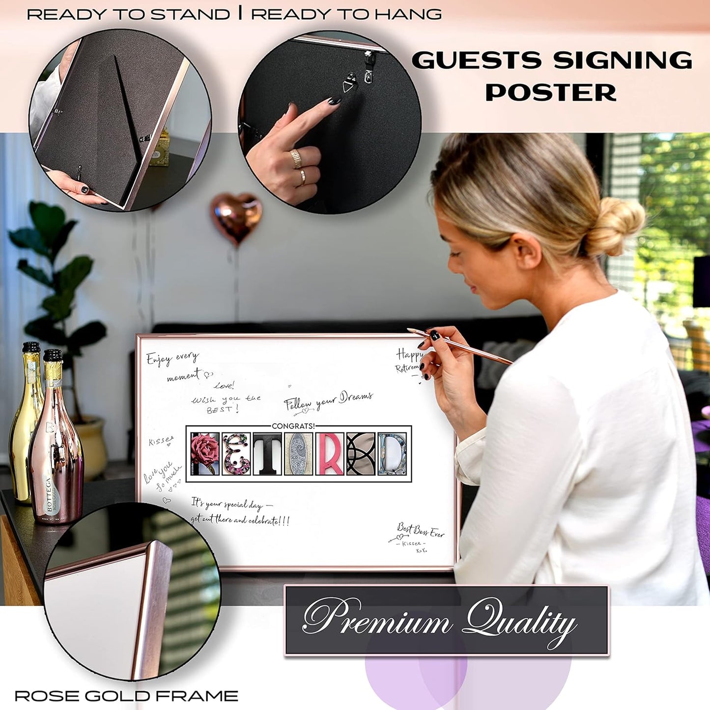 Framed Retirement Decorations Guest Book for Womens 12"x16" Rose Gold Frame - Window Cut Design - Including Gold Pen & Acrylic Glass - Retired Party Decor Gifts for Her