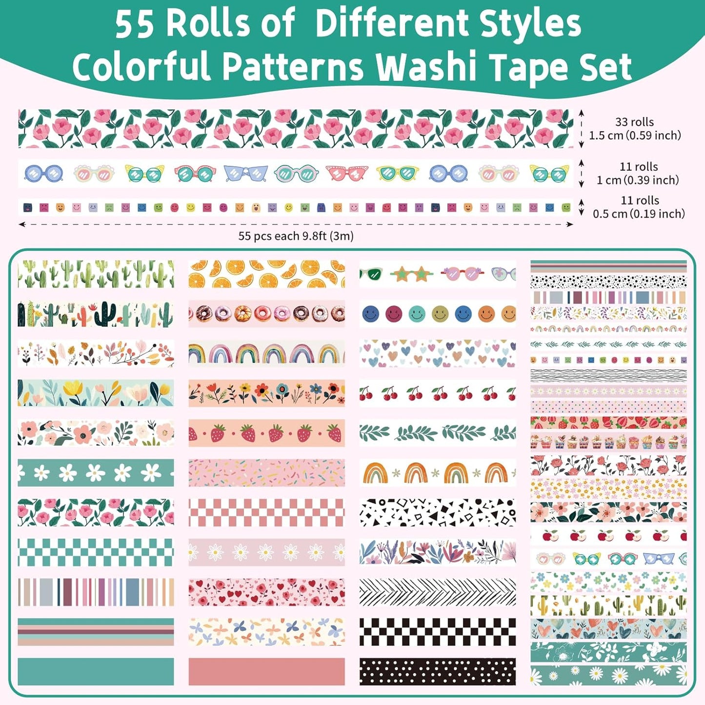 55 Rolls Holiday Washi Tape Set - Decorative Tape Seasonal Bohemian Colored Tape, Cute Washi Tapes for Journaling Supplies, Scrapbooking Supplies kit, Summer Scrapbook Supplies