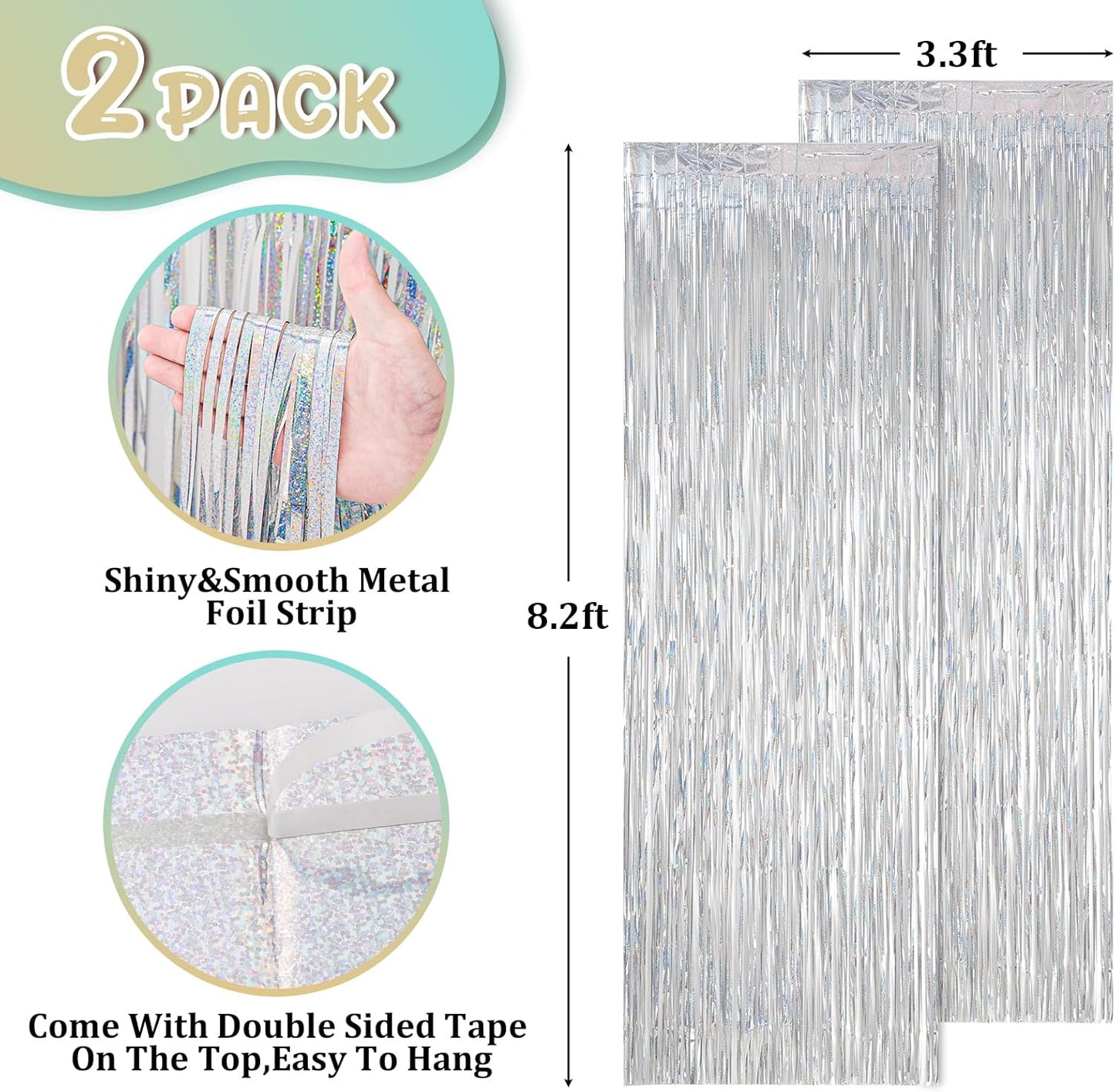 2 Pack Laser Silver Foil Fringe Backdrop Curtains, Tinsel Streamers Birthday Party Decorations, Fringe Backdrop for Graduation, Baby Shower, Gender Reveal, Disco Party