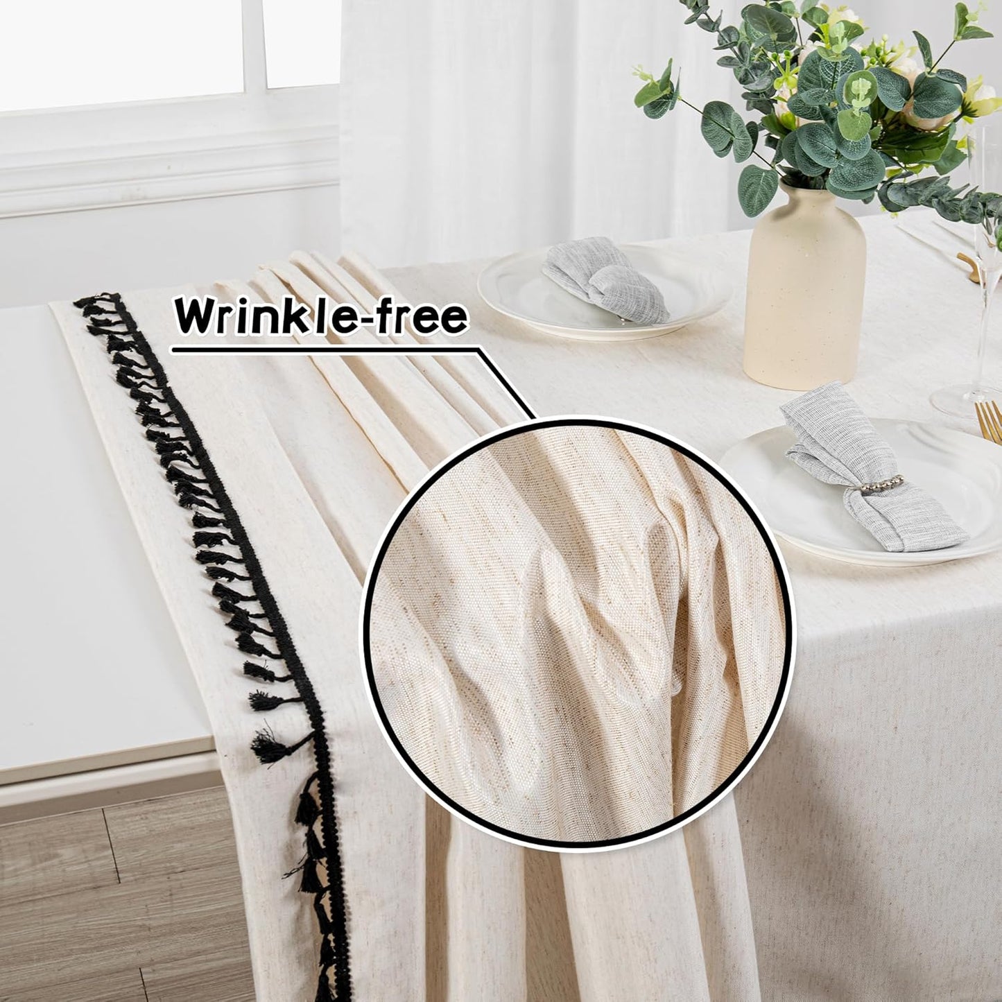 MYSKY HOME Table Cloth 60x60 in Rectangle Table, Heavy Duty Cotton Tassel Linen Look Waterproof Tablecloths Farmhouse Tablecloth, Wrinkle Free Table Cover with Beige Tassels for Kitchen Dining, Party