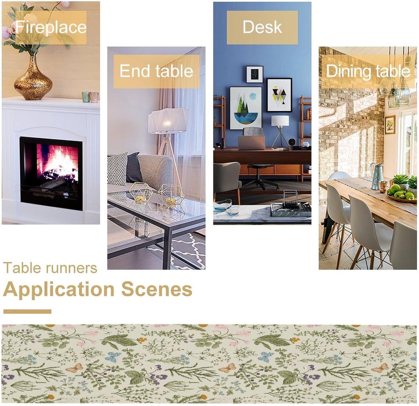 Floral Botanical Table Runner, Garden Spring Flower Botanical Butterfly Animal for Restaurant, Kitchen, Wedding, Party Rectangular Table Runner Decoration,13in（33cm） W * 72in（184cm） L