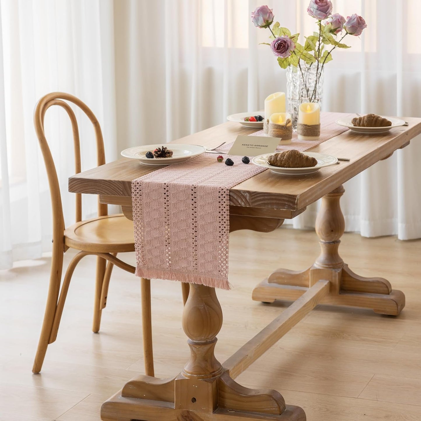 Boho Pink Table Runner for Home Decor 12x72 Inches Farmhouse Macrame Burlap Jute Rustic Dining Kitchen Centerpiece Bohemian Decor French Country Baby Bridal Shower Decorations