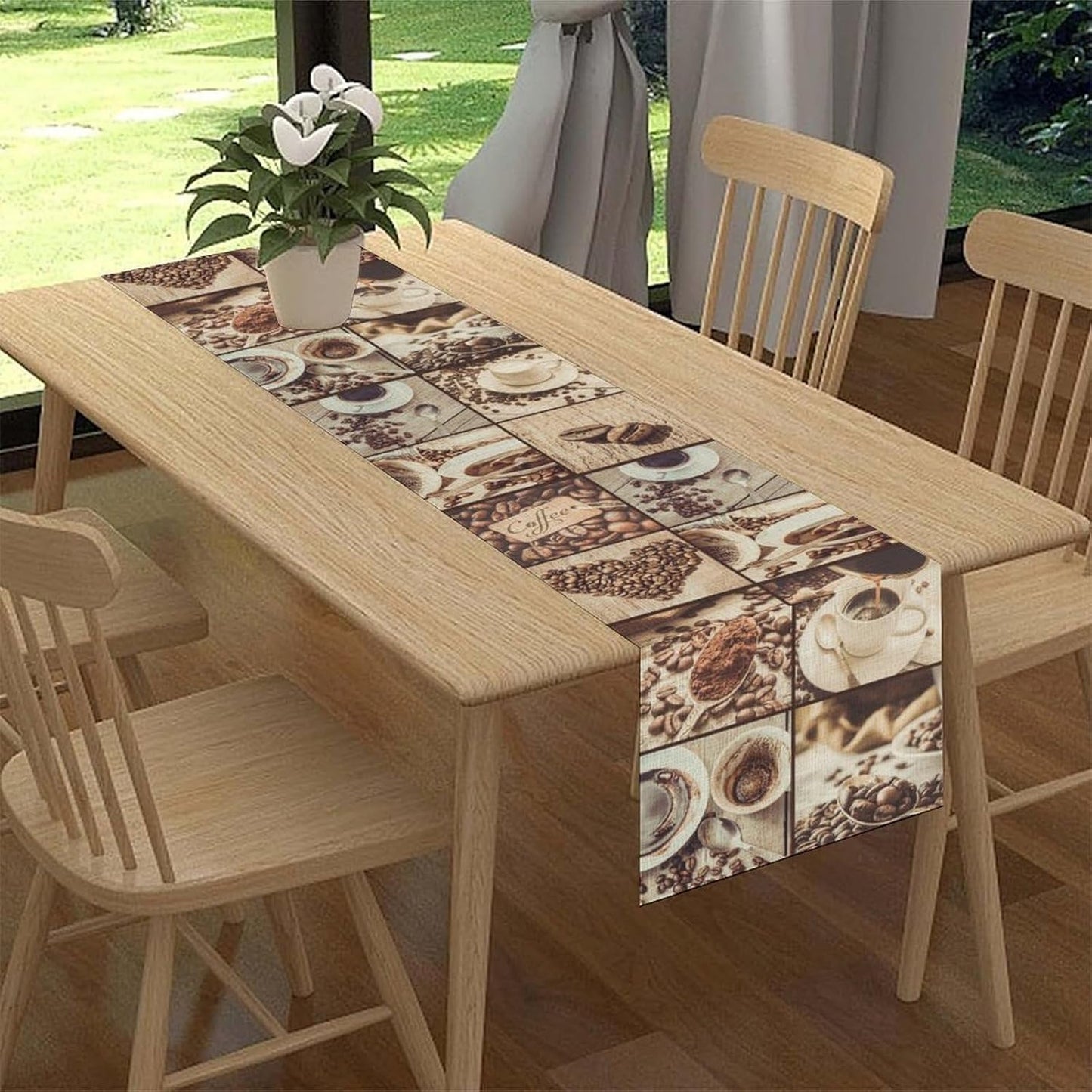 Coffee Theme Table Runner, Rustic Farmhouse Coffee Cup Latte Cappuccino Tea Party Cafe Table Center Decor for Home Kitchen Dining Patio Holiday Party Indoor Outdoor Table Decorations, 13"x90" Inch