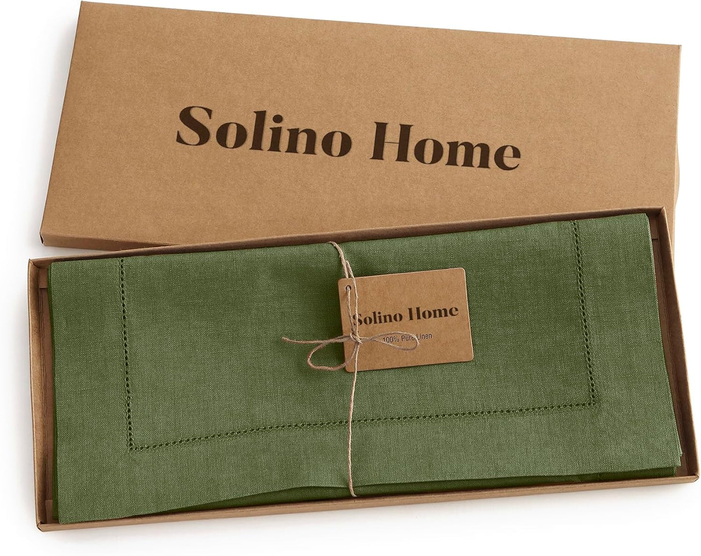 Solino Home Linen Table Runner 60 Inches - 100% Pure Linen Olive Hemstitch Table Runner 14 x 60 Inch Ideal for Dresser and Coffee Tables - Classic Hemstitch - Thanksgiving