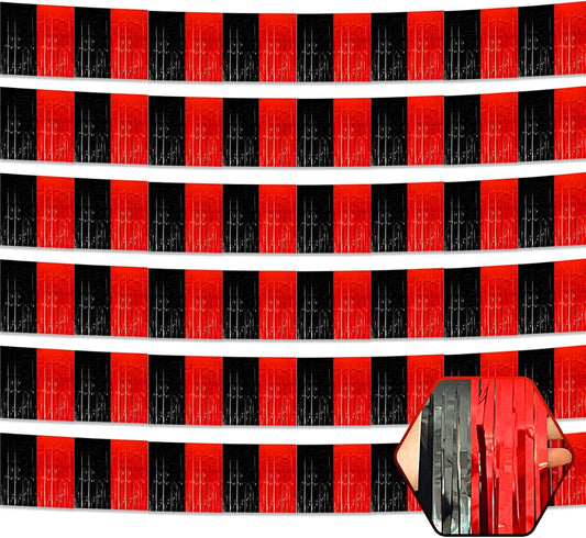 6 Pack 10 Feet Black Red Foil Fringe Garland Metallic Tinsel Streamers Banner Wall Hanging Curtain Backdrop for Parade Floats, Birthday, Graduate, Mother's Day, Wedding Party Decoration