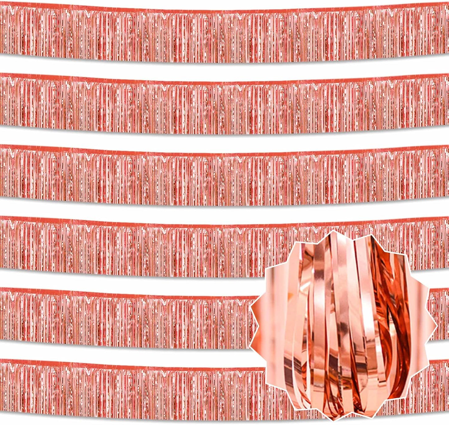6 Pack 10 Ft Rose Gold Foil Fringe Garland Metallic Streamers Tinsel Banner Wall Hanging Garland Backdrop for Parade Floats, Halloween, Christmas, Thanksgiving, New Year Party Decorations