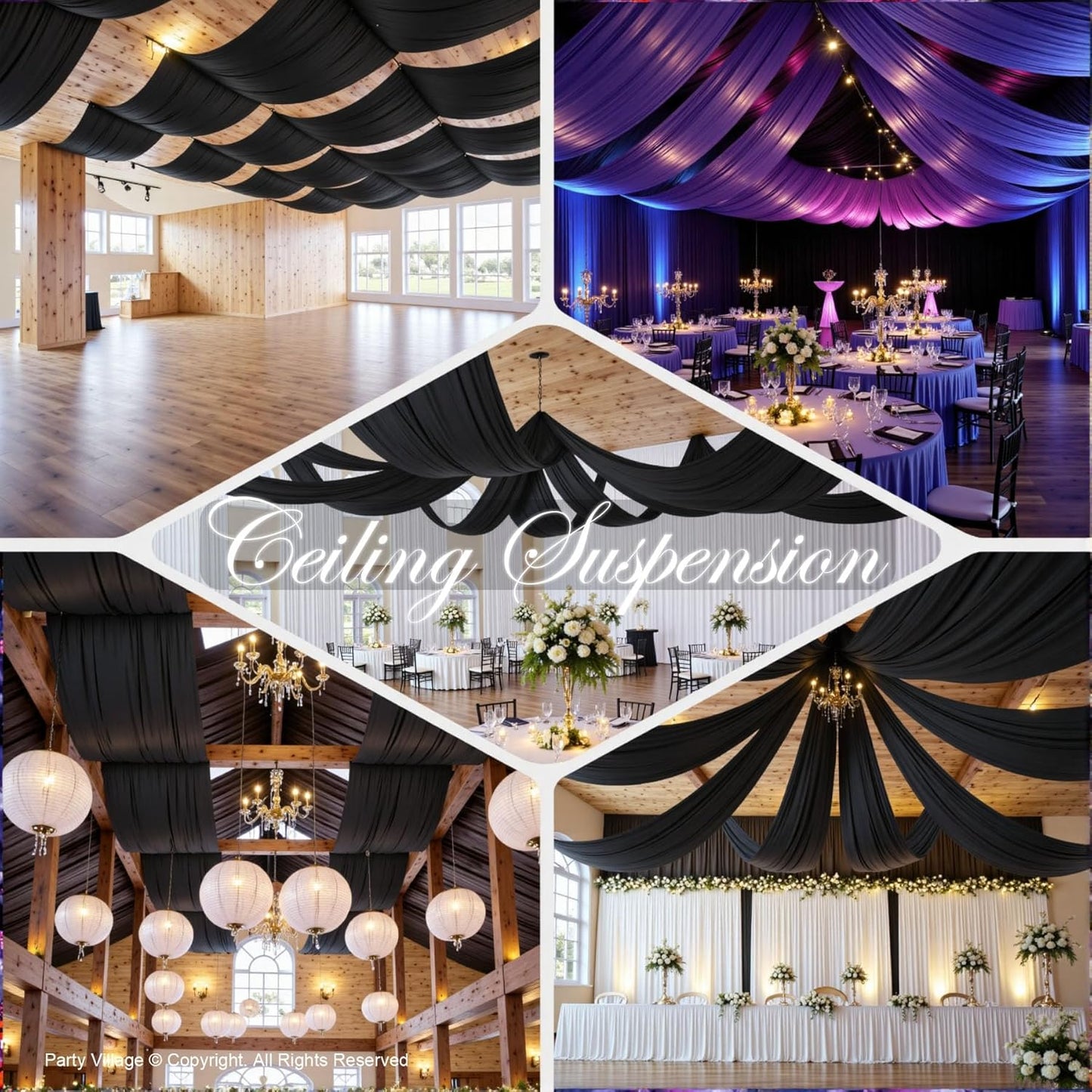 PartyVillage 12 Panels 5ftx30ft Black Ceiling Drapes for Halloween Parties – 30 FT Extra Long Thick Polyester Wrinkle-Free Drapery Tent Decor Decorations for Birthday Party Ceremony Stage Swag