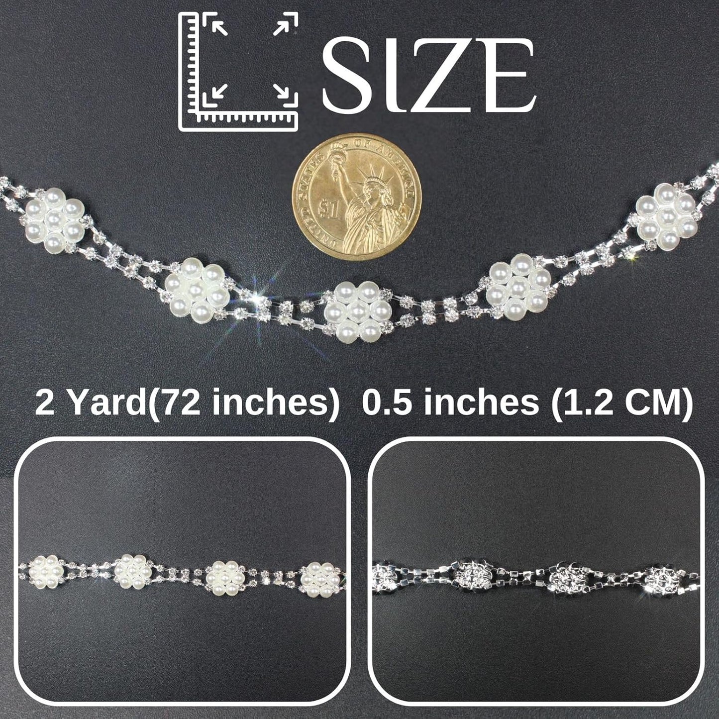 PEARLY JUN 2 Yards Pearl Rhinestone Trim Chain Silver Crystal Fringe Diamond Applique Ribbon String Tassel Strip for Sewing Wedding Dress Crafting Crafts Flower Embellishments