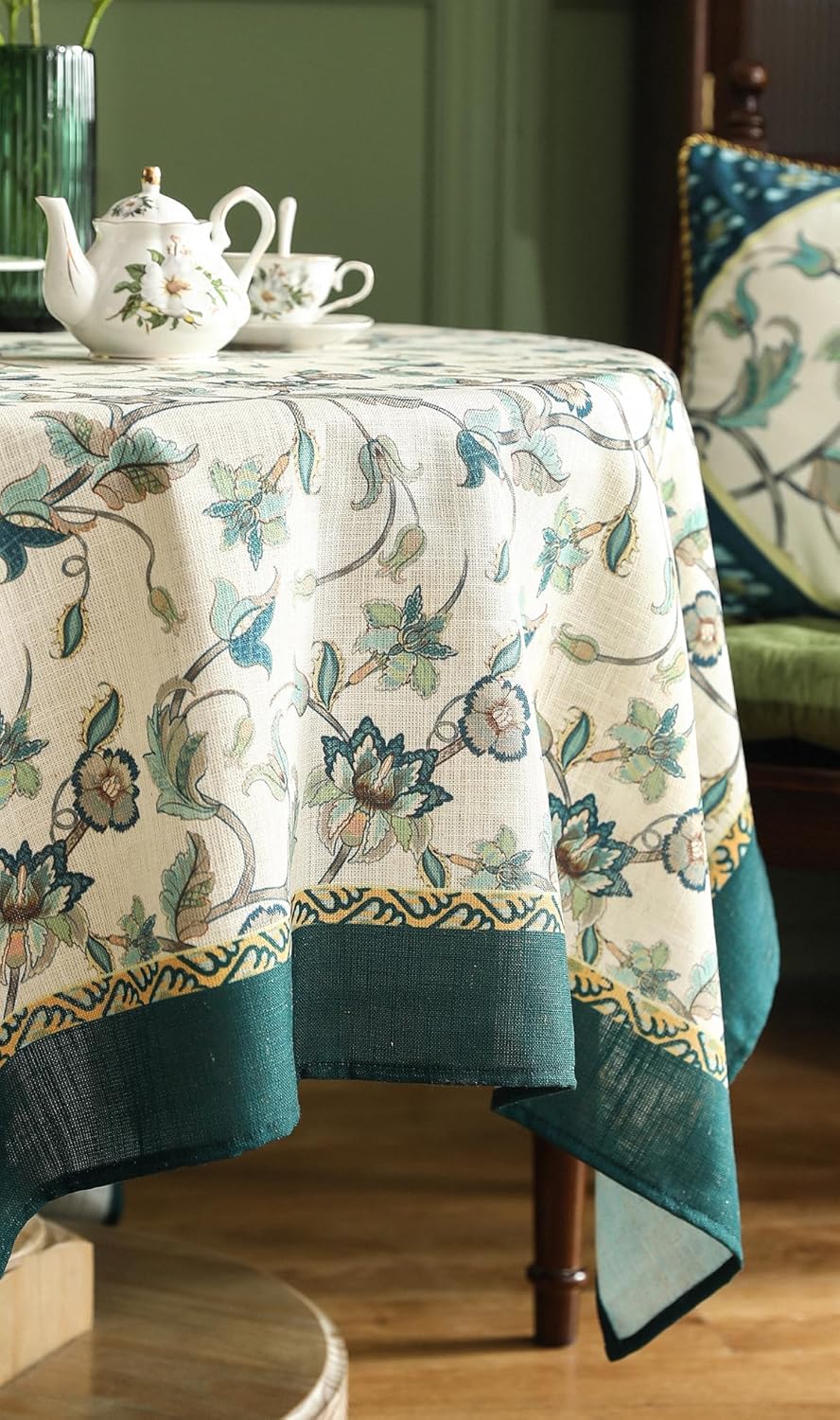 patdrea Designer Linen Vintage Round Table Cloth,Vintage Green Floral Pattern Durable Tablecloth,Table Cover Decor for Kitchen Dining,Parties,Christmas,Thanksgiving,Party,Diameter 55"-Noah