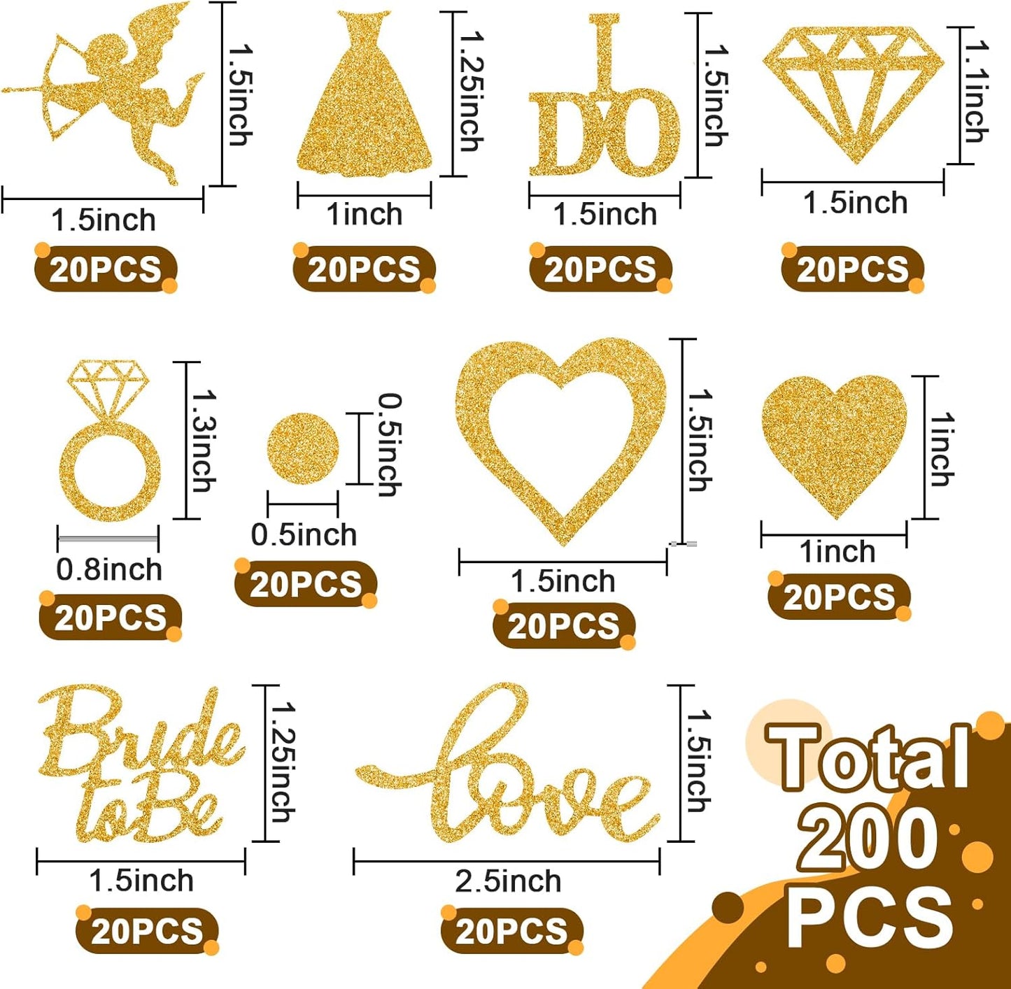 200pcs Wedding Table Confetti, 10 Shapes Table Scatters Glitter Diamond Ring Circle Dots Hearts for Bridal Shower Marriage Ceremony Anniversary Valentine's Day Party Decorations