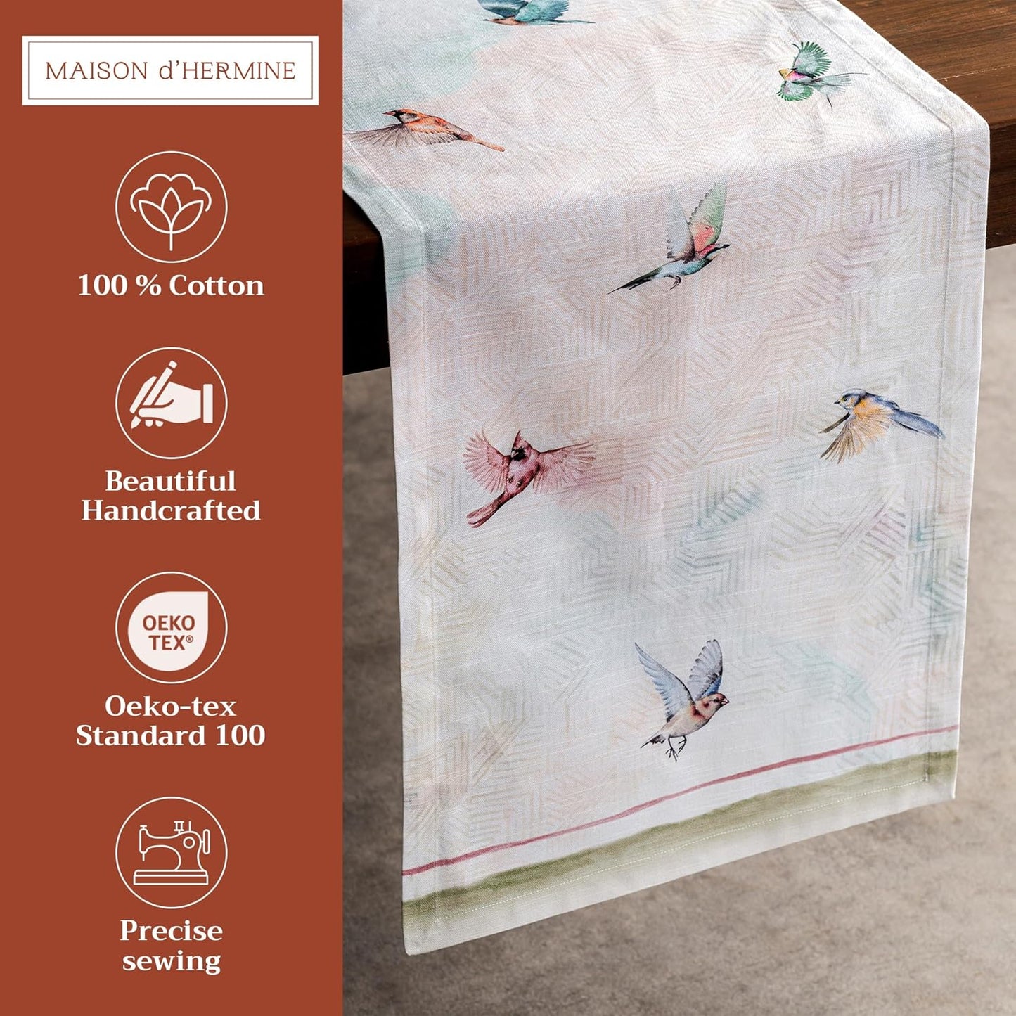 Maison d' Hermine Table Runner 100% Cotton Single Layer Table Runners 108 inches Long Decorative for Home Kitchen Dining Party Wedding Bridal Shower Spring Summer (Flying Birds, 14.50" x 108")