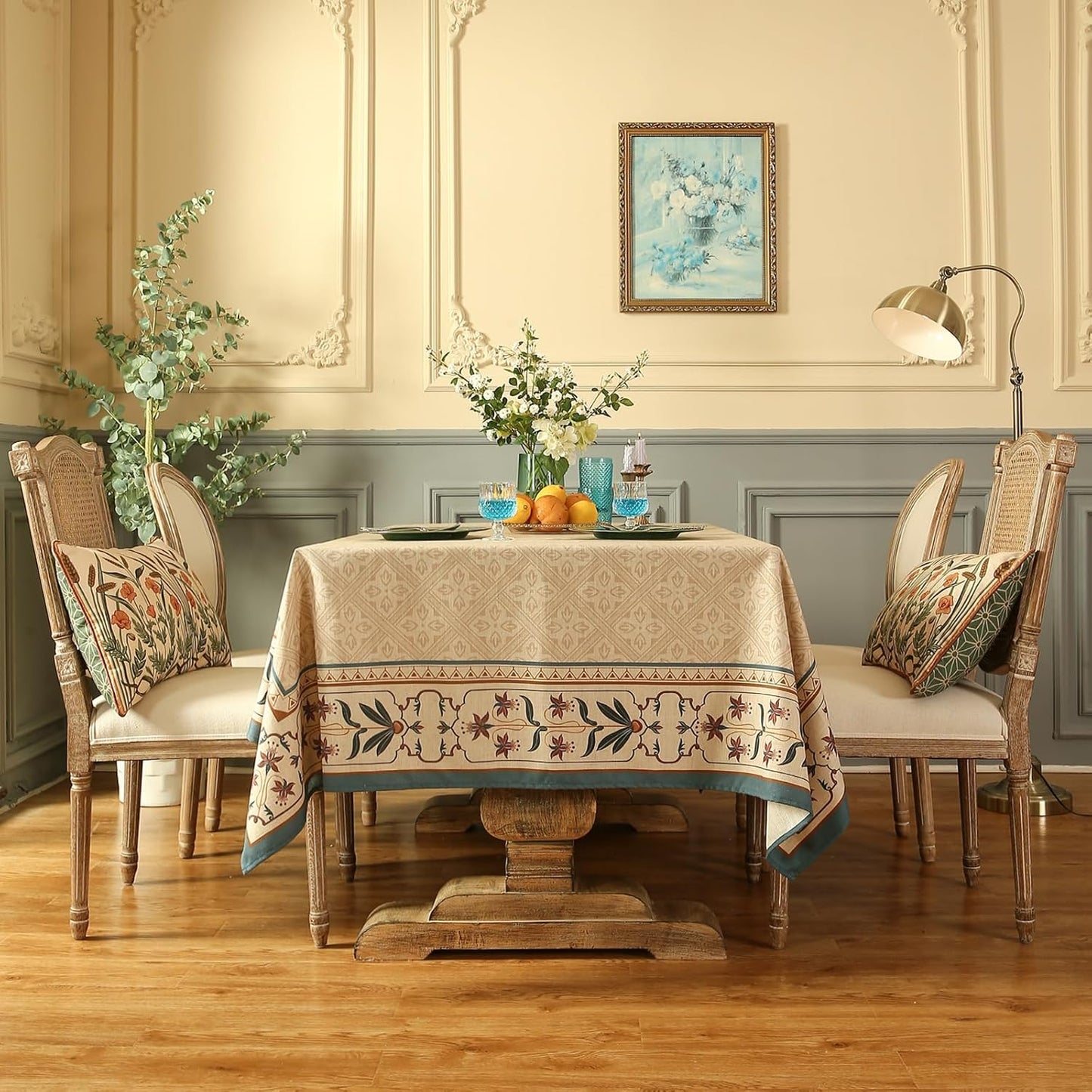 patdrea Designer French Rectangular Tablecloth,Beige Anti-Wrinkle Durable Floral Farmhouse Table Cloth,Decor Tables Covers for Kitchen Dining,Tea Party,Christmas,Thanksgiving,55"x79"-Fram