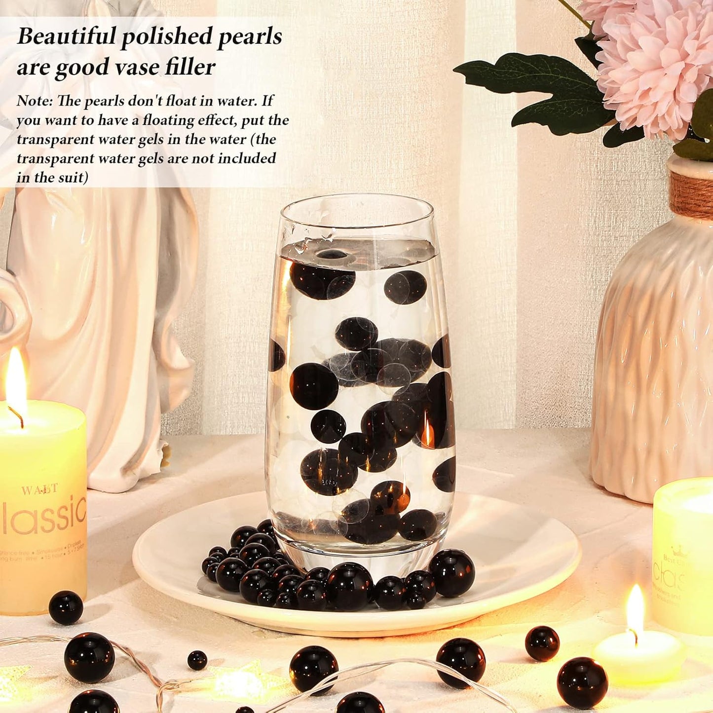 150 Pieces Vase Filler Faux Pearls Vase Makeup Beads No Hole Gloss Bead Mixed Sizes Round Pearl for Home Party Wedding Decor, 8/14/20 mm(Black)