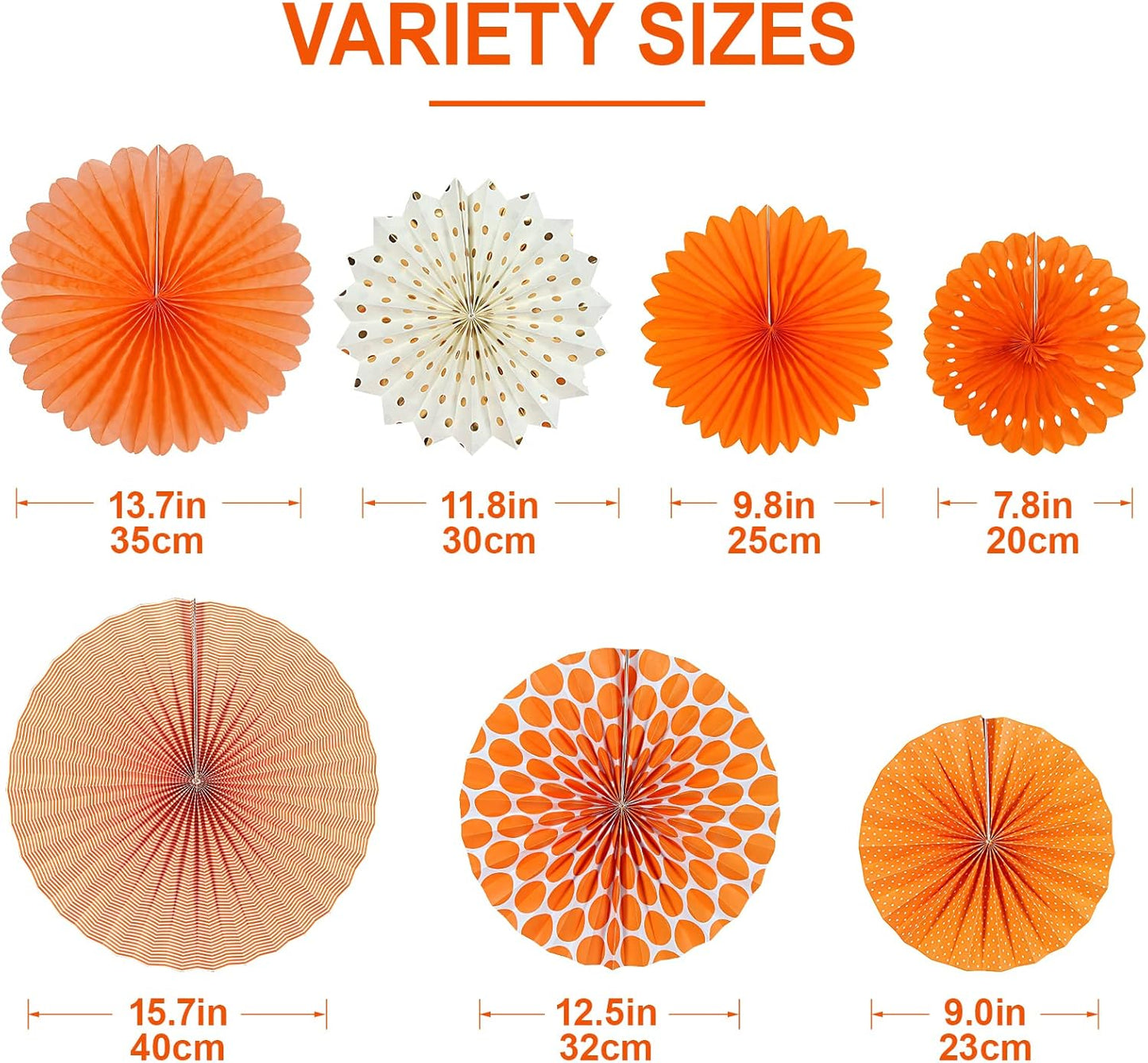 Easy Joy Paper Fans Party Decorations Orange Hanging Paper Fans Sunshine Party Decorations Birthday Wedding Home Classroom Party Hanging Decoration, Set of 7