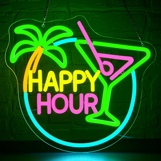 Happy Hour Neon Sign for Wall Decor Dimmable Cocktail Neon Light for Man Cave Bedroom Bar Sign for Home Bar Beer Store Hotel Party Club Office Birthday Gifts Art Size13.7 * 12.5In(WZCP129)