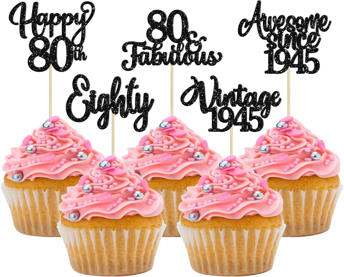 30Pcs Happy 80th Birthday Cupcake Toppers Glitter Awesome Since 1945 Eighty 80 Fabulous Vintage 1945 Cupcake Picks for 80th Birthday Anniversary Retirement Party Cake Decorations Supplies Black
