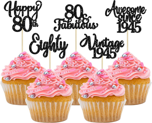 30Pcs Happy 80th Birthday Cupcake Toppers Glitter Awesome Since 1945 Eighty 80 Fabulous Vintage 1945 Cupcake Picks for 80th Birthday Anniversary Retirement Party Cake Decorations Supplies Black