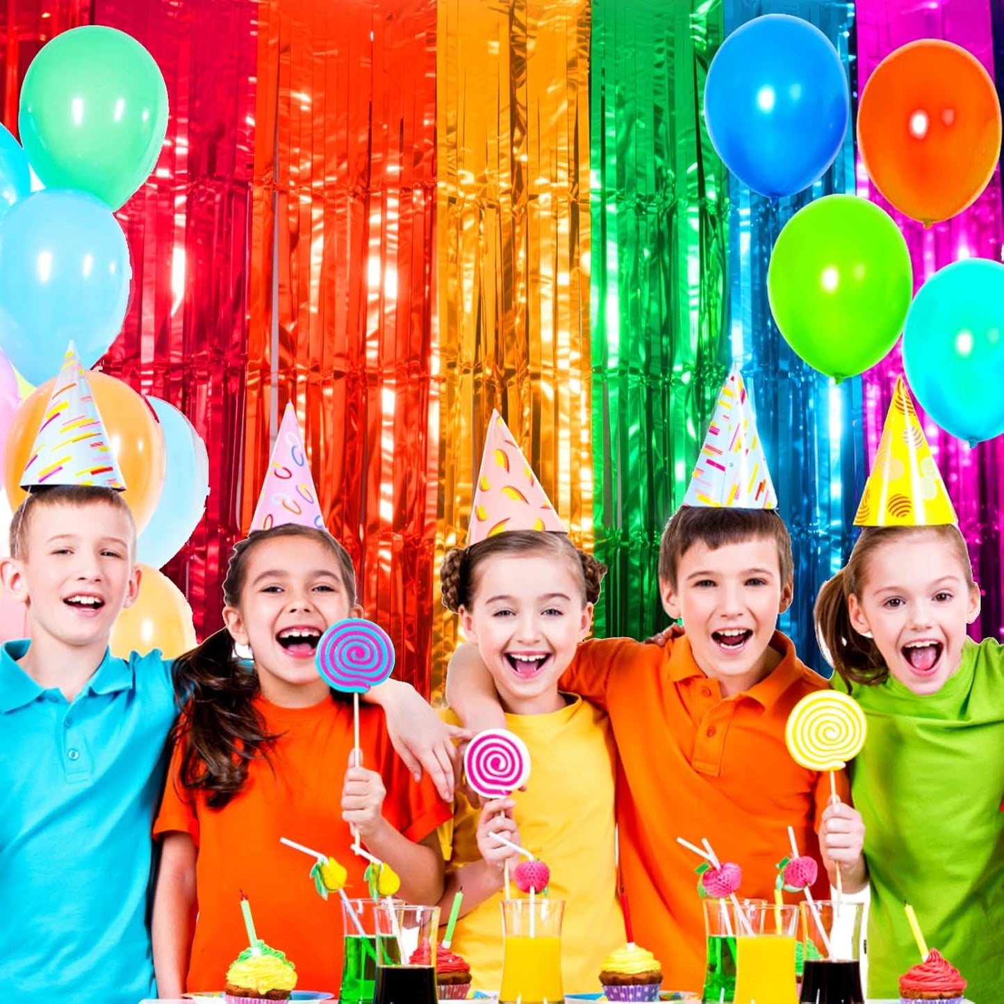 4 Packs Rainbow Foil Fringe Curtain, Assorted Color Metallic Tinsel Backdrop for Birthday, Baby Shower, Wedding, Rainbow Party Decorations Supplies