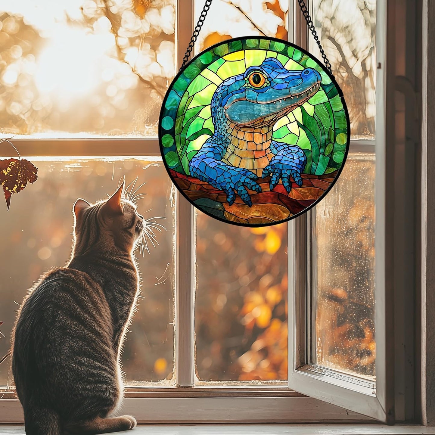 Stained Glass Window Hanging, Blue Alligator Sun Catcher for Window Door Home Decor Green Brown Suncatcher Christmas Mother's Day Birthday Gifts for Women Men Mom and Nana 6.3 in