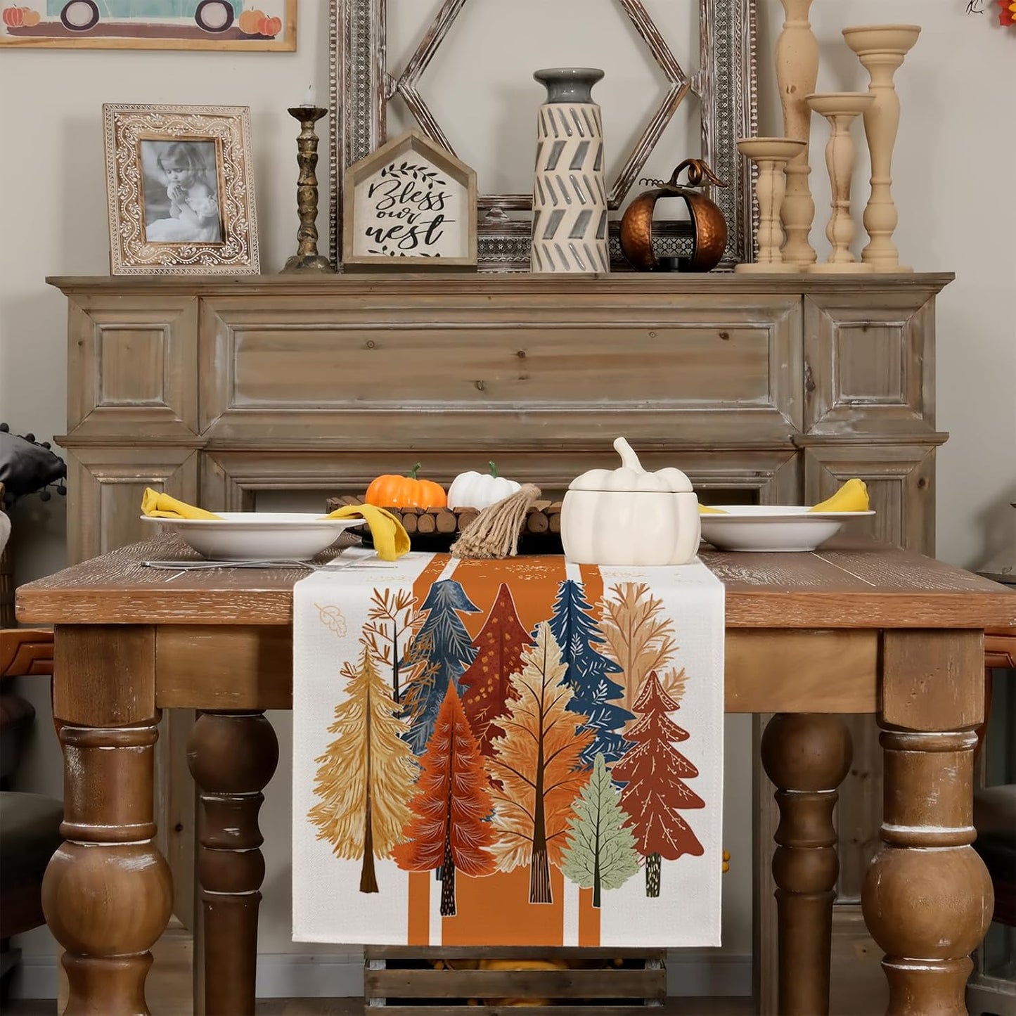 GEEORY Fall Watercolor Trees & Maple Leaves Striped Table Runner 13x120 Inch, Rustic Farmhouse Autumn Thanksgiving Decor for Kitchen, Dining, Indoor/Outdoor Holiday Dinner Party Orange GT157-120