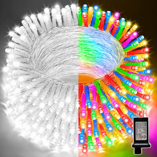LAMPHOME 33ft Christmas Decorative Mini Lights, 100 LED transparent Wire Fairy Starry String Lights Plug in, 12 Lighting Modes, for Indoor Outdoor Xmas Tree Wedding Party Decoration (White+Multicolor)