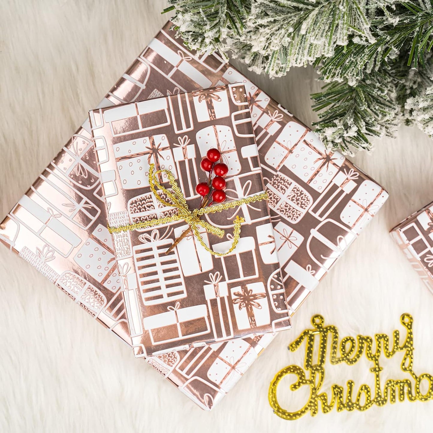 WRAPAHOLIC Wrapping Paper Roll - Mini Roll - 17 Inch x 33 Feet - Rose Gold Present Design with Metallic Foil Shine for Birthday, Party, Baby Shower