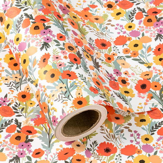 WRAPAHOLIC Kraft Floral Wrapping Paper Roll - Mini Roll - 17 Inch x 16.5 Feet - Bright Summer Flower Wrapping Paper, Perfect for Wedding, Birthday, Bridal Shower, Tea Party