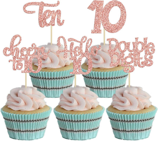 30Pcs 10th Birthday Cupcake Toppers Ten Double Hello 10 Cupcake Picks Cheers to 10 Years Old Cake Decorations for 10th Birthday Party Supplies Rose Gold Glitter